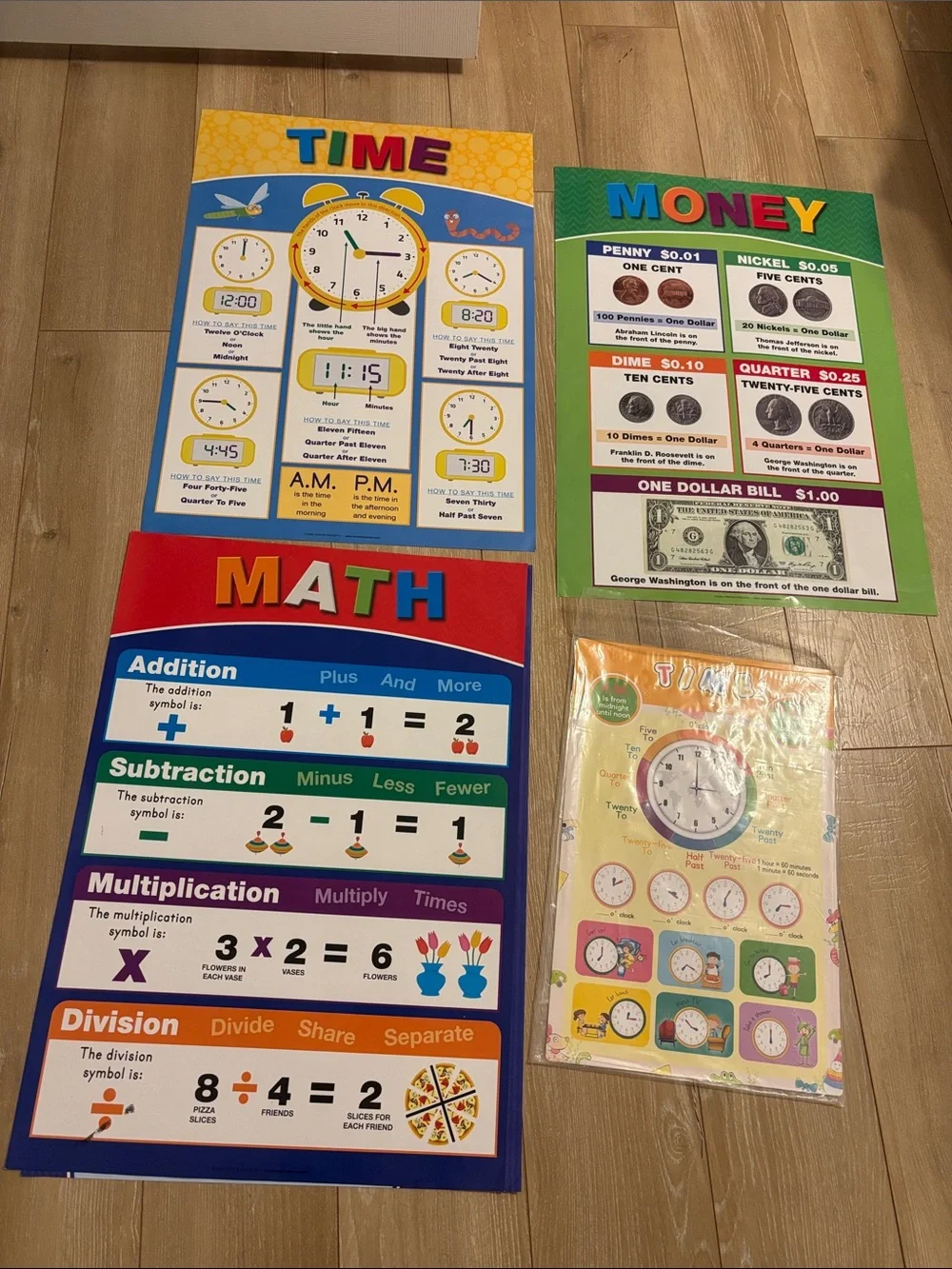 Kids Double sided educational posters  Time, Money & Math Learning Posters